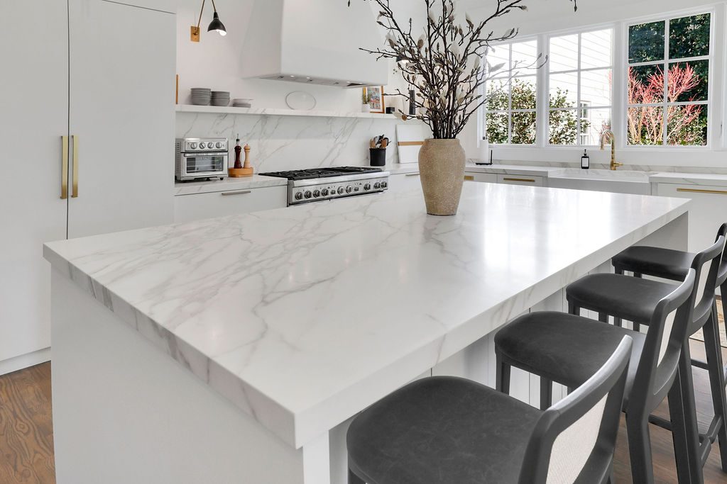 Floating Shelf Kitchen — Waterfall marble island